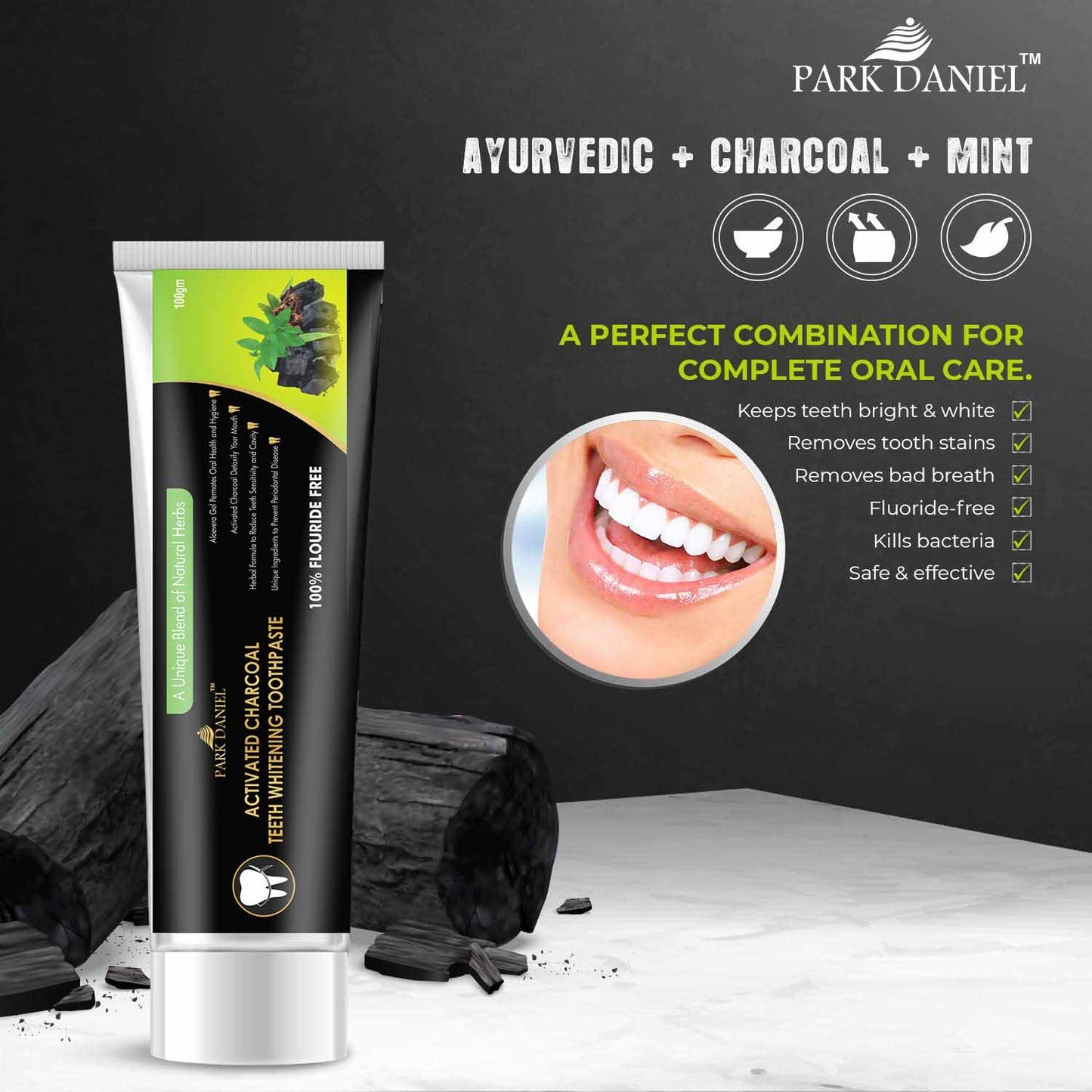 Park Daniel Activated Charcoal Teeth Whitening Toothpaste 100gm & Activated Charcoal Tooth Powder 50gms